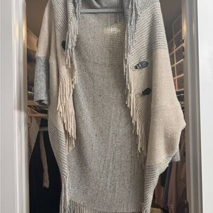 Gray and Cream Knit Poncho with Fringe and sleeves